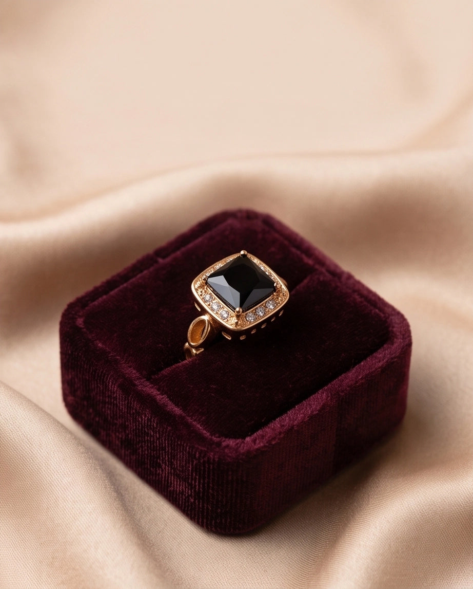 Black Onyx Cushion Halo Gold Ring