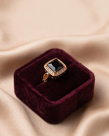 Black Onyx Cushion Halo Gold Ring