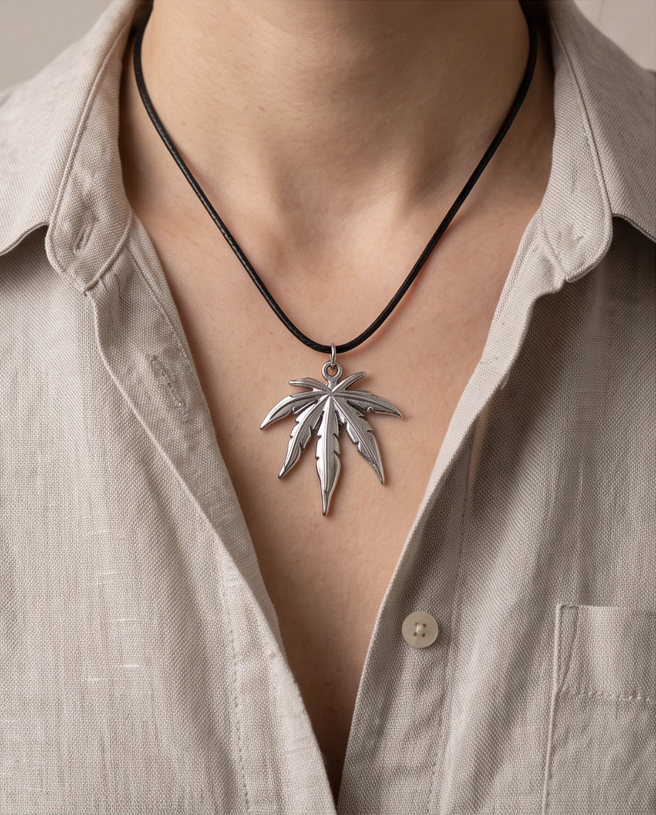 Silver Leaf Pendant Cord Necklace