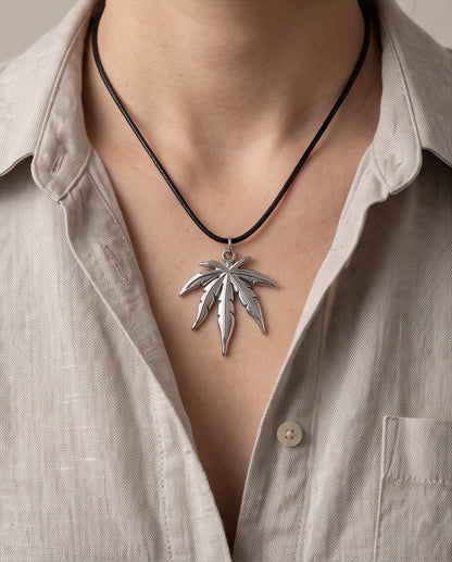 Silver Leaf Pendant Cord Necklace