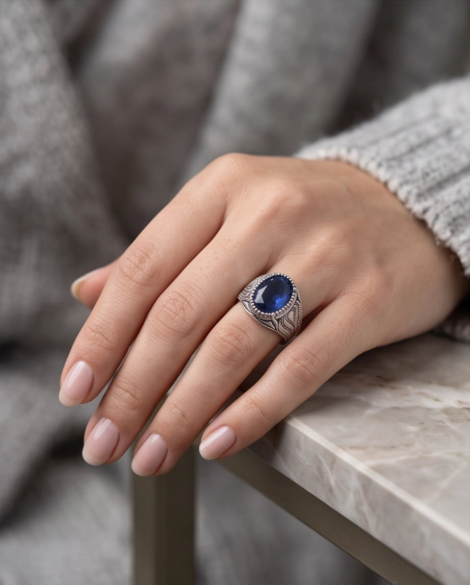 Sapphire Blue Oval-Cut Gemstone Beaded Bezel Textured Silver Ring
