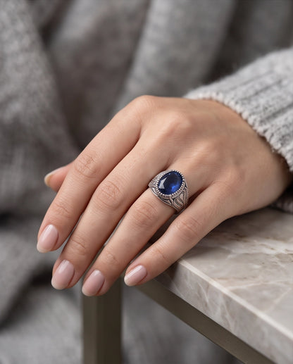 Sapphire Blue Oval-Cut Gemstone Beaded Bezel Textured Silver Ring