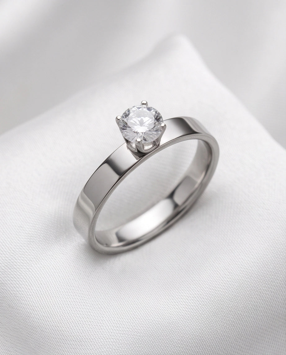 Silver Round Gemstone Crown Band Solitaire Ring