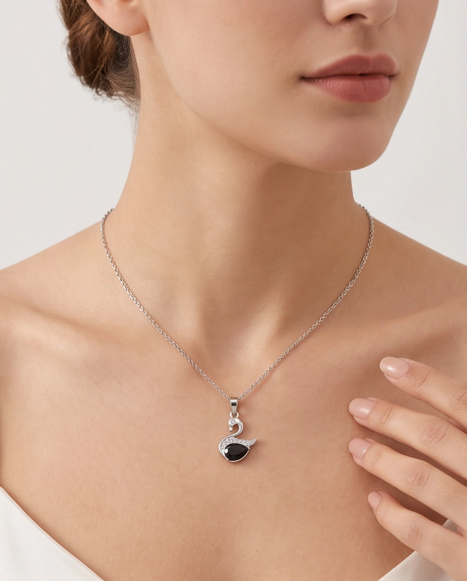 Silver Black Crystal Swan Pendant Necklace
