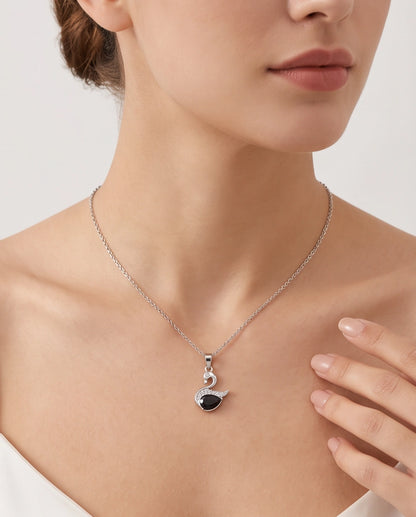 Silver Black Crystal Swan Pendant Necklace