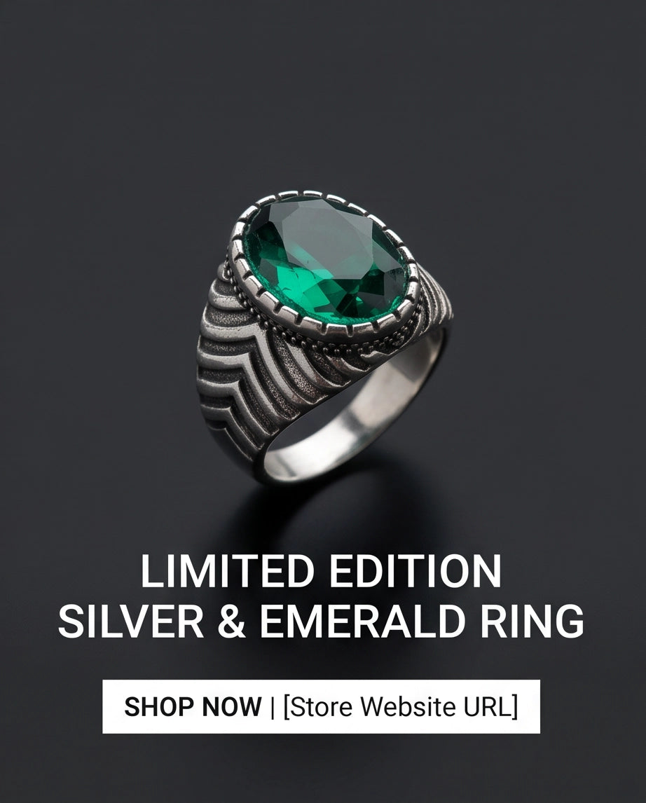 Emerald Gemstone Notched Bezel Chevron Ribbed Silver Ring