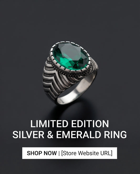 Emerald Gemstone Notched Bezel Chevron Ribbed Silver Ring