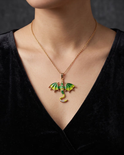 Gold Green Enamel Dragon Wyvern Pendant Necklace