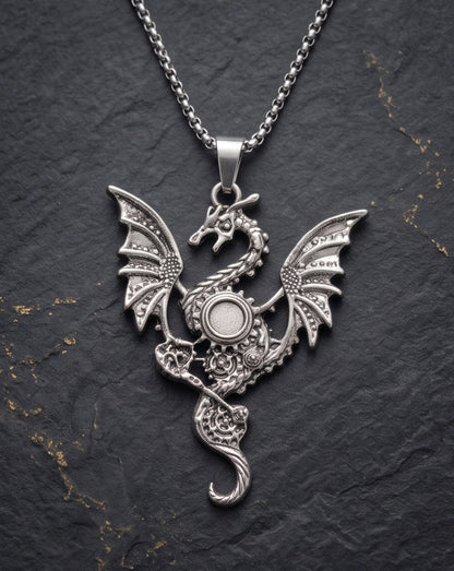 Silver Steampunk Dragon Gear Pendant Necklace