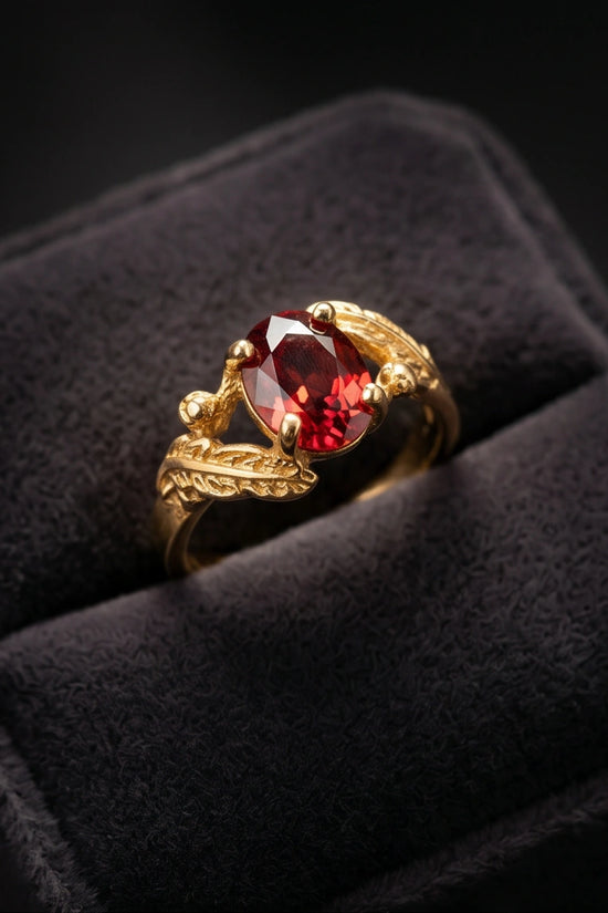 Golden Amber Garnet Botanical Leaf Ring