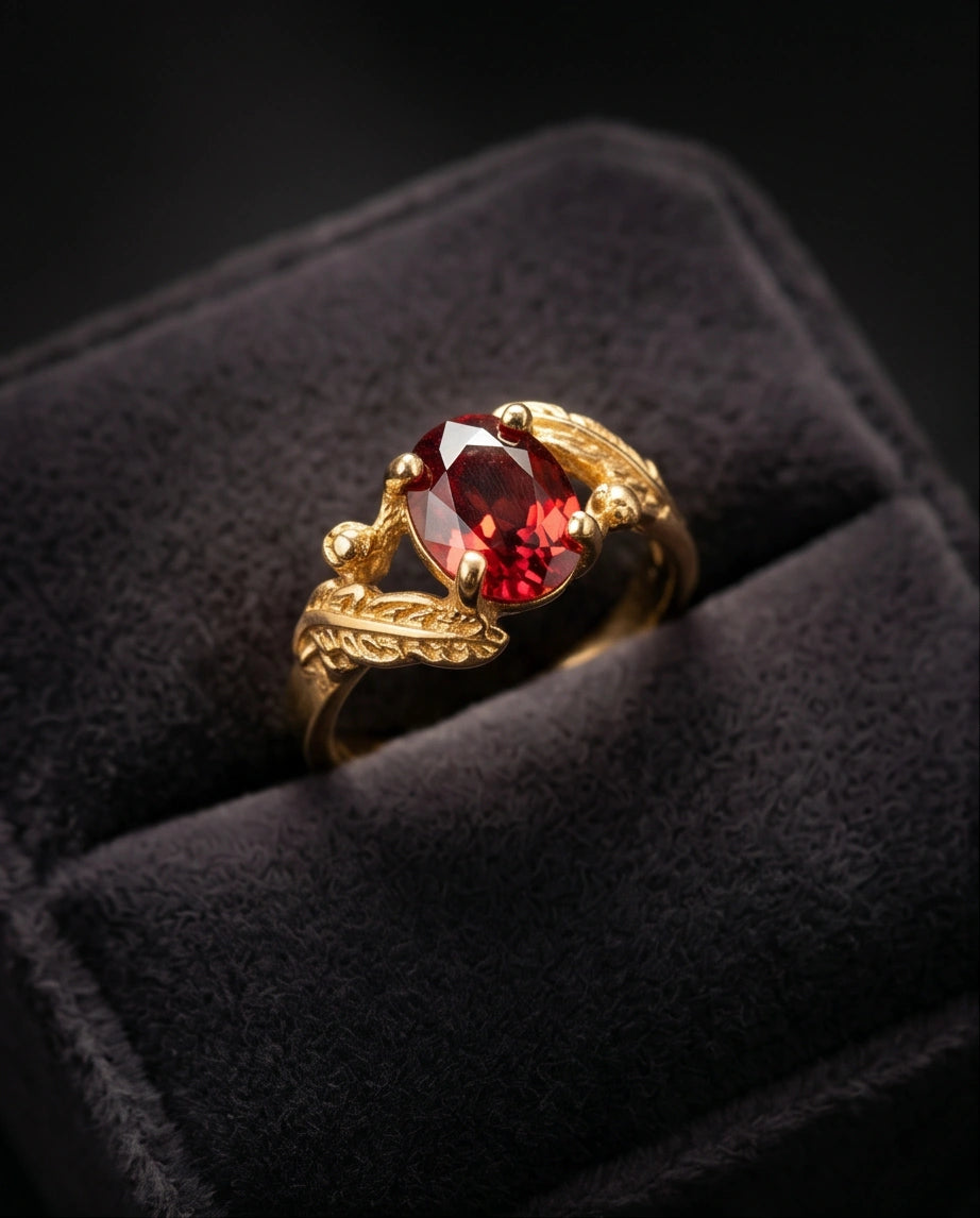 Golden Amber Garnet Botanical Leaf Ring