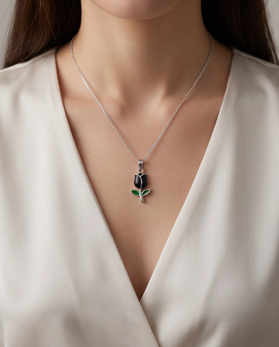 Silver Black Enamel Tulip Pendant Necklace