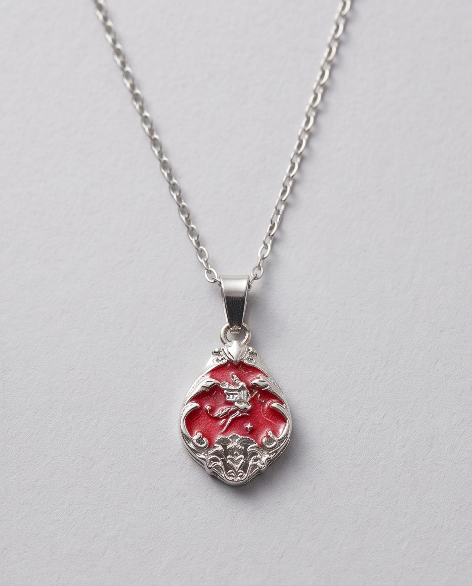Silver Vintage Cherub Red Enamel Teardrop Pendant Necklace