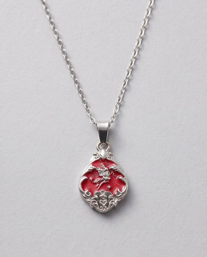 Silver Vintage Cherub Red Enamel Teardrop Pendant Necklace