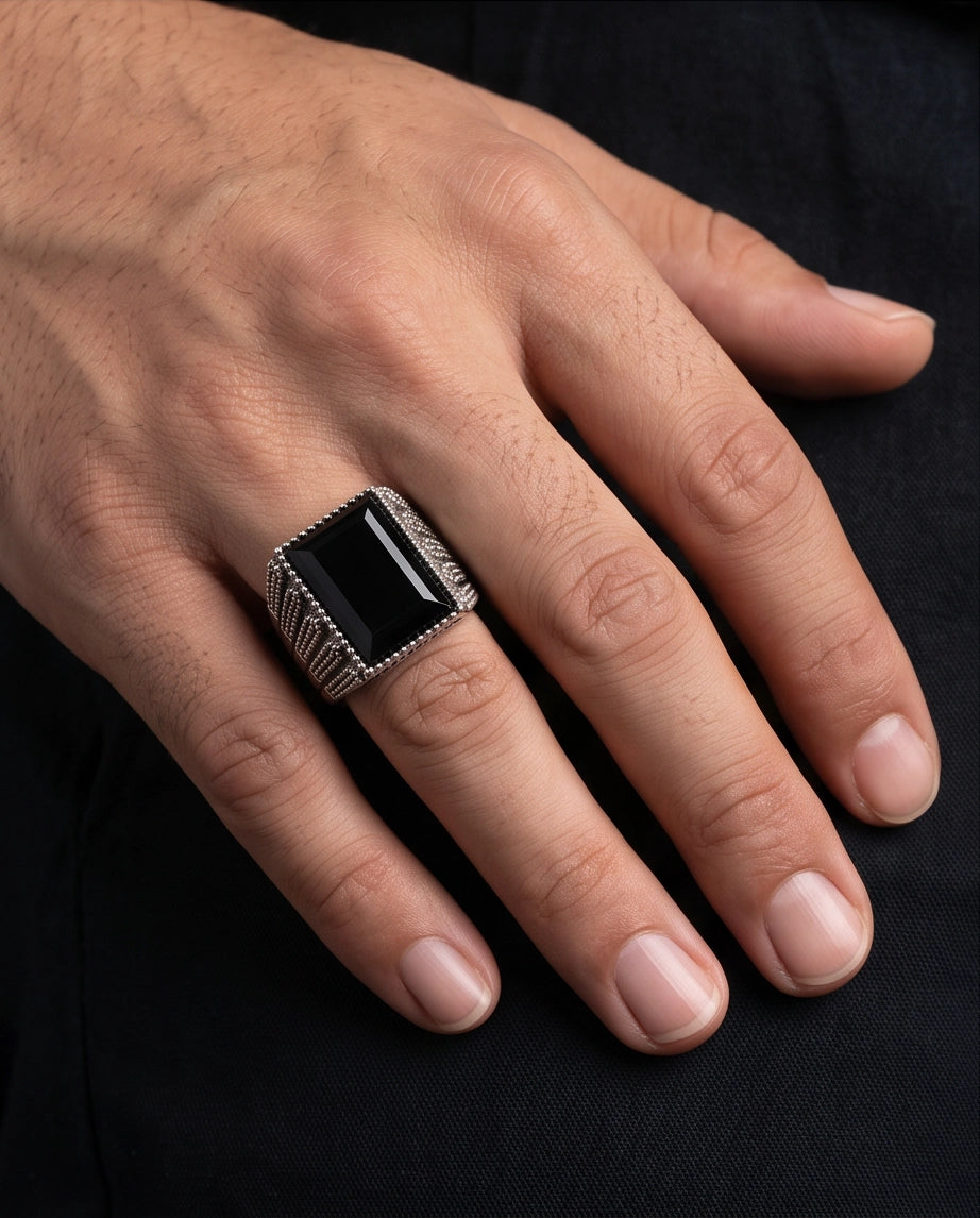 Onyx Gemstone Beaded Frame Emerald-Cut Fluted Stippled Silver Ring