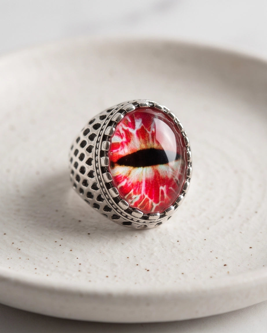 Crimson Lattice Slit-Pupil Silver Ring