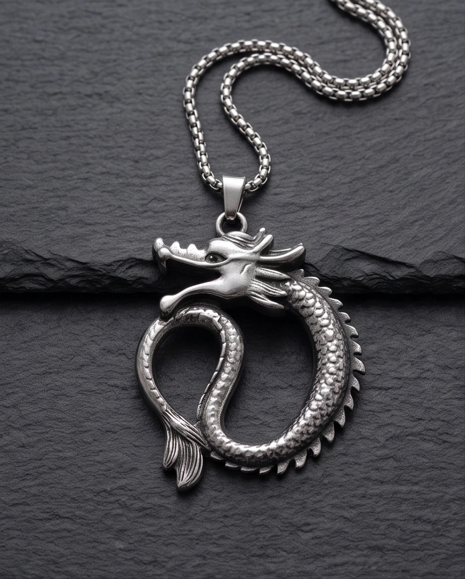 Silver Coiled Ouroboros Dragon Pendant Necklace
