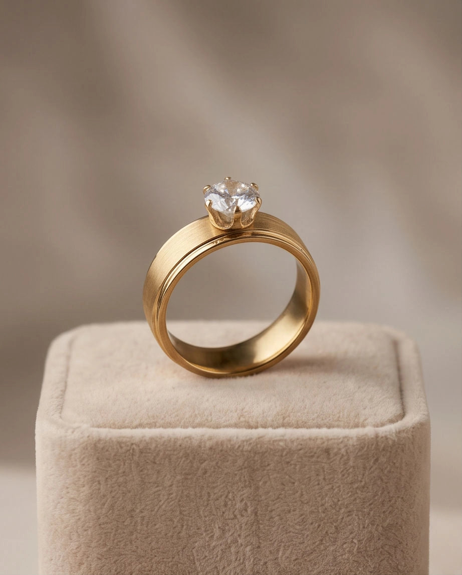 Gold Round Gemstone Brushed Solitaire Ring