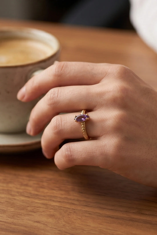 "Amethyst Aura" – Marquise Cut Gold Ring