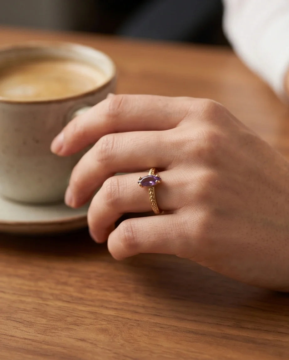 "Amethyst Aura" – Marquise Cut Gold Ring