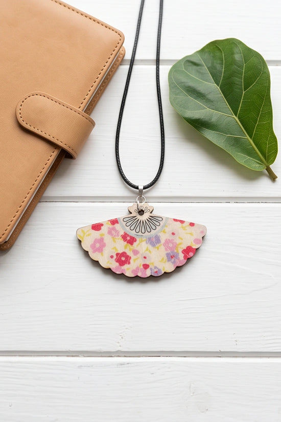 Vintage Pastel Pink Floral Hand-Fan Pendant Necklace
