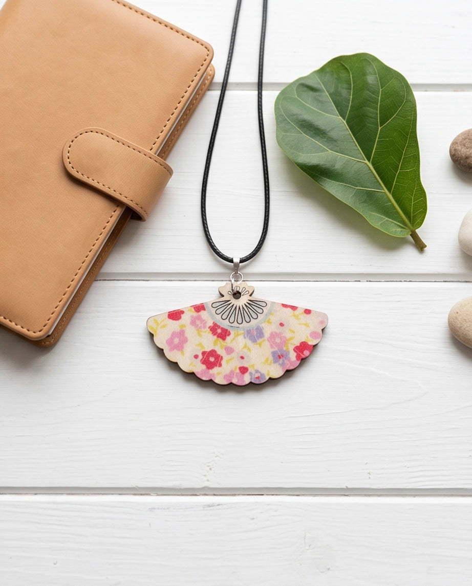 Vintage Pastel Pink Floral Hand-Fan Pendant Necklace