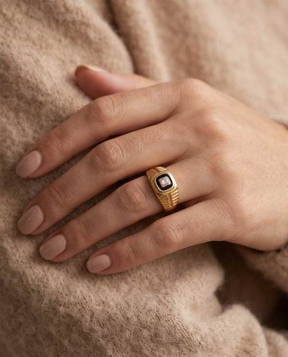 Concentric Cushion Clear Gemstone Onyx Frame Art Deco Gold Ring