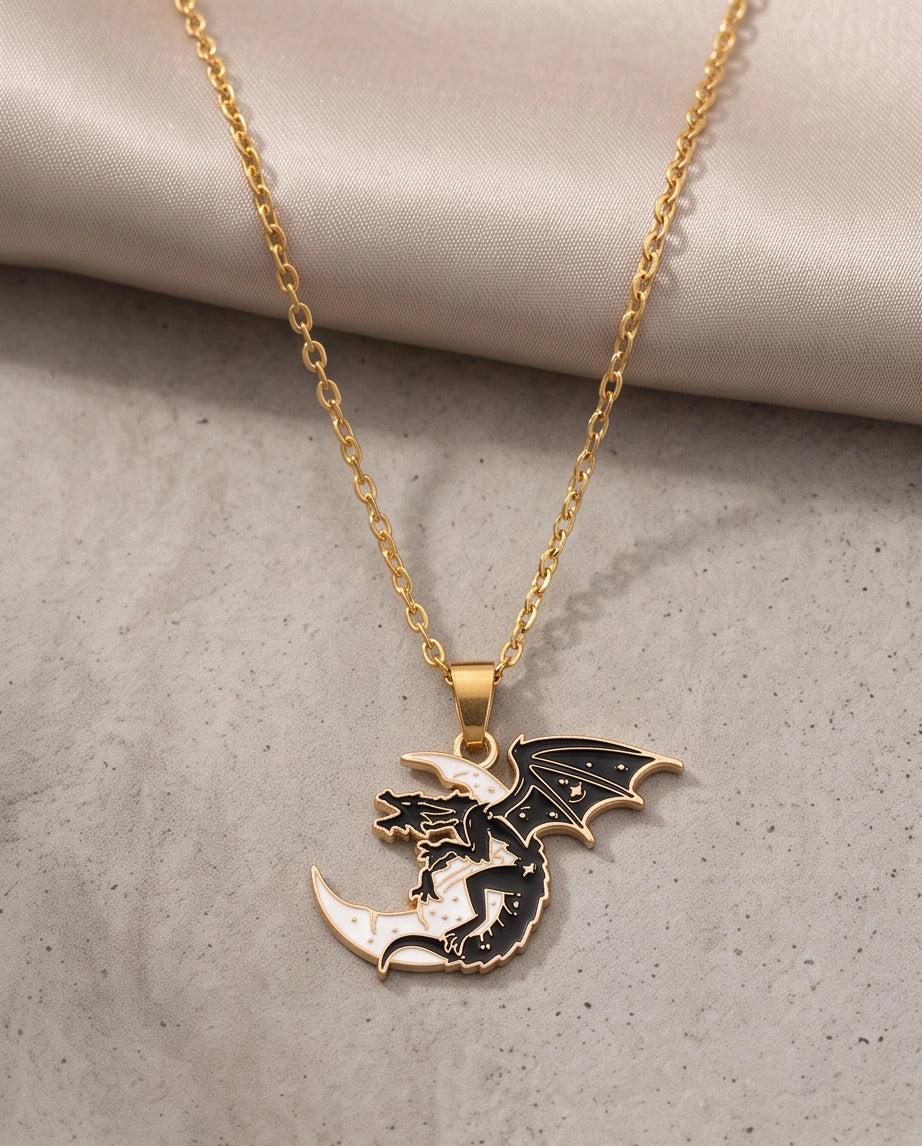 Gold Celestial Dragon White Crescent Moon Enamel Pendant Necklace