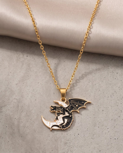 Gold Celestial Dragon White Crescent Moon Enamel Pendant Necklace