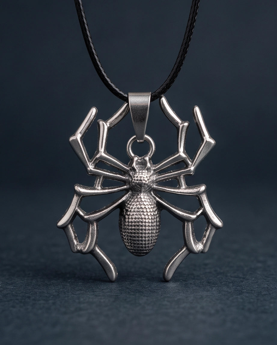 Silver Textured Spider Pendant Necklace