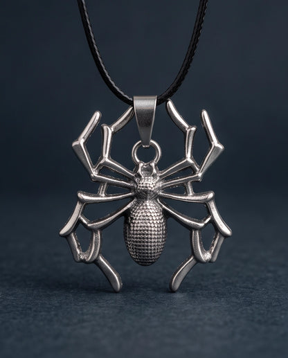 Silver Textured Spider Pendant Necklace