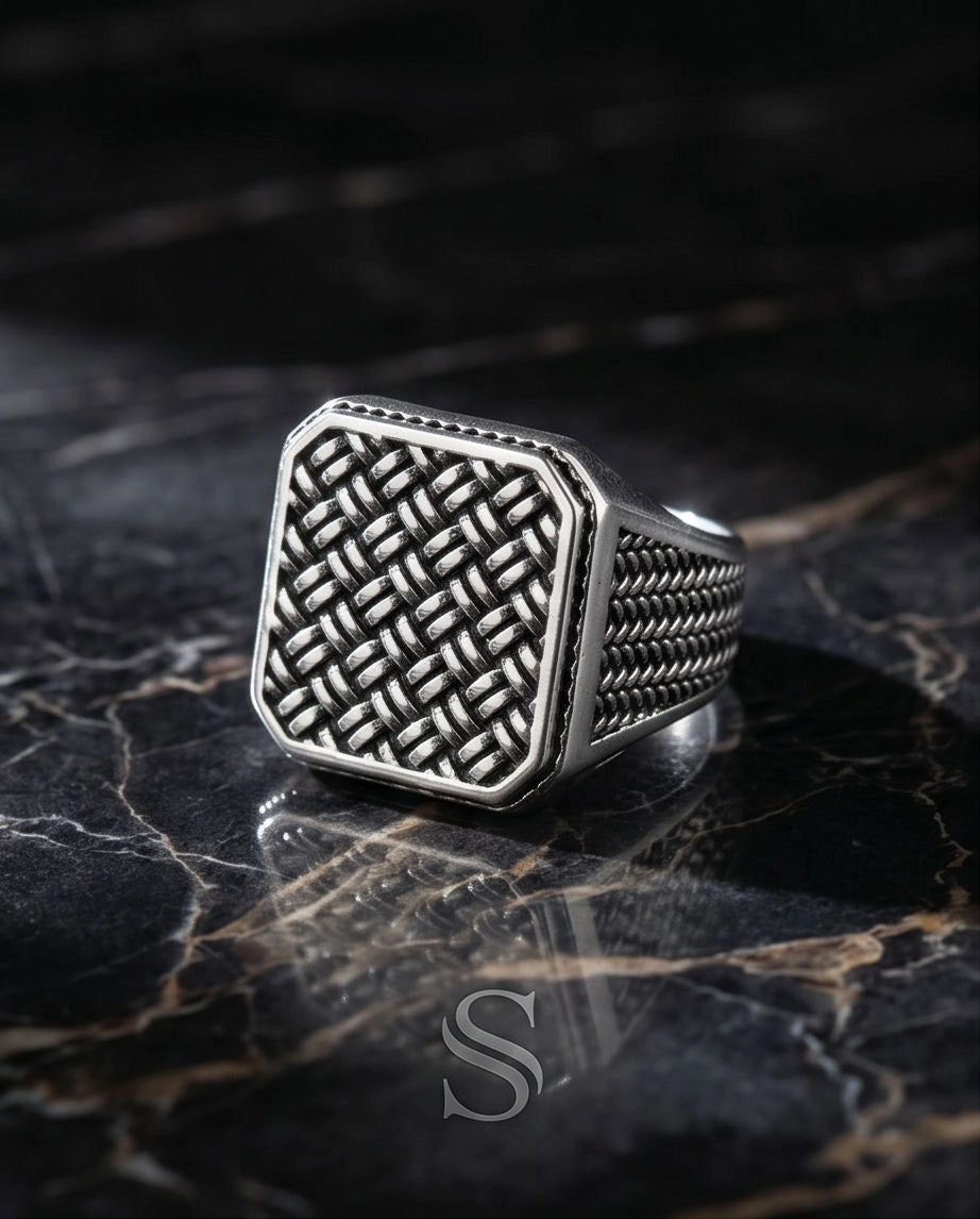 Oxidized Silver Basketweave Square Signet Ring
