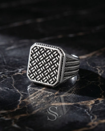 Oxidized Silver Basketweave Square Signet Ring