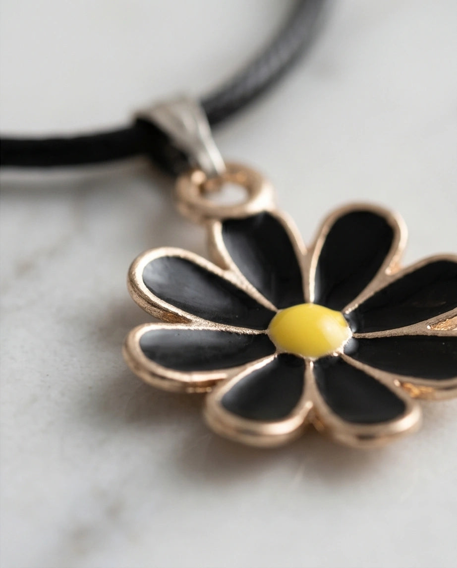 Gold and Black Daisy Pendant Necklace