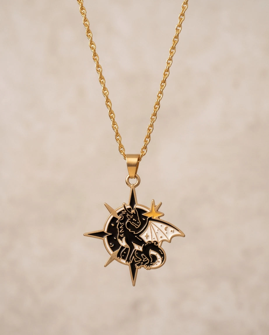 Gold Celestial Compass Dragon Black & White Enamel Pendant Necklace