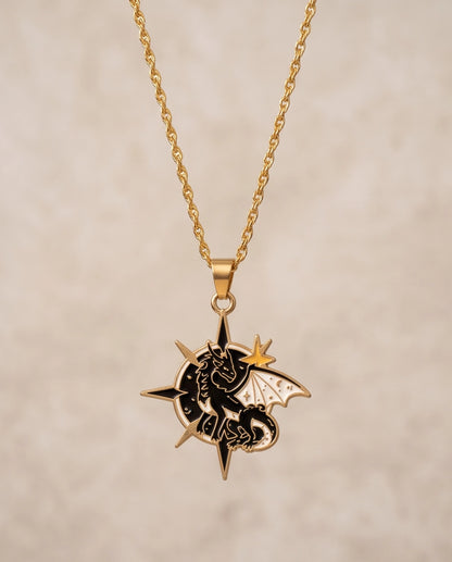 Gold Celestial Compass Dragon Black & White Enamel Pendant Necklace