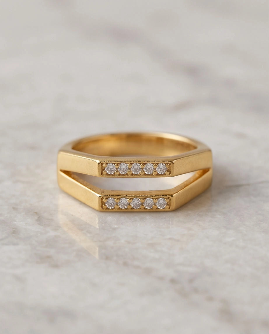 Gold Dual Geometric Bar Micro-Pavé Ring