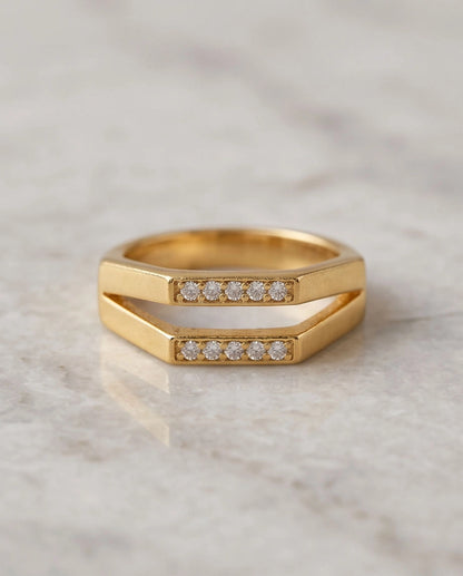 Gold Dual Geometric Bar Micro-Pavé Ring