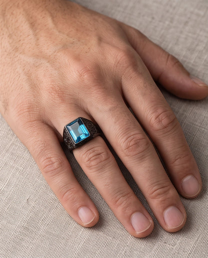 Jet Black Emerald-Cut Onyx Geometric Architectural Silver Ring