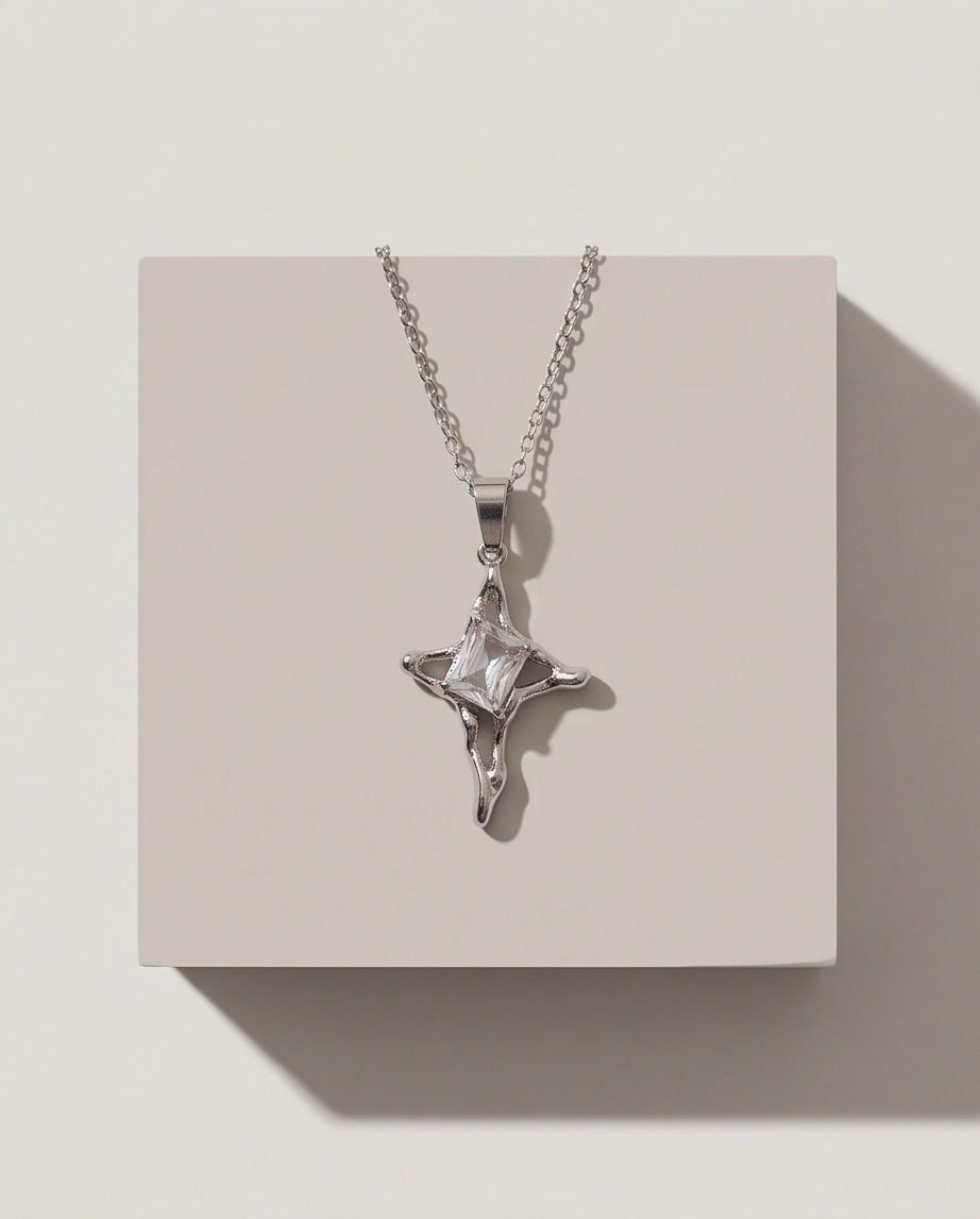 Silver Clear Gemstone Gothic Cross Pendant Necklace
