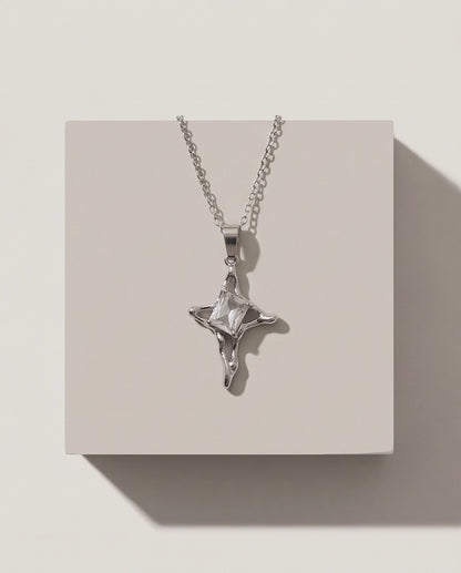 Silver Clear Gemstone Gothic Cross Pendant Necklace