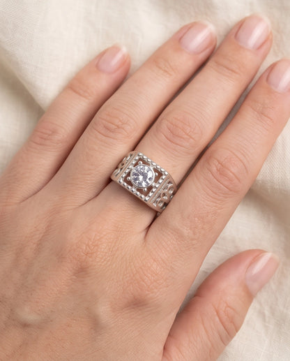 Clear Gemstone Square Sawtooth Bezel Filigree Cutout Silver Ring
