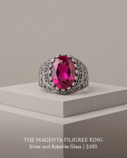 Magenta Oval-Cut Gemstone Ornate Filigree Silver Ring