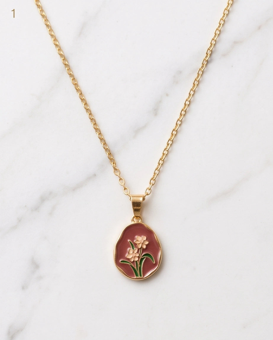 Gold Pink Floral Enamel Medallion Chain Necklace