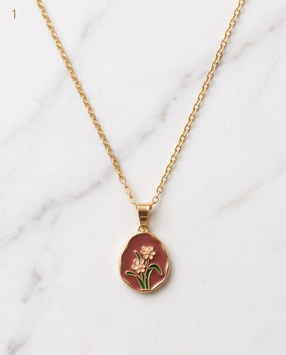 Gold Pink Floral Enamel Medallion Chain Necklace