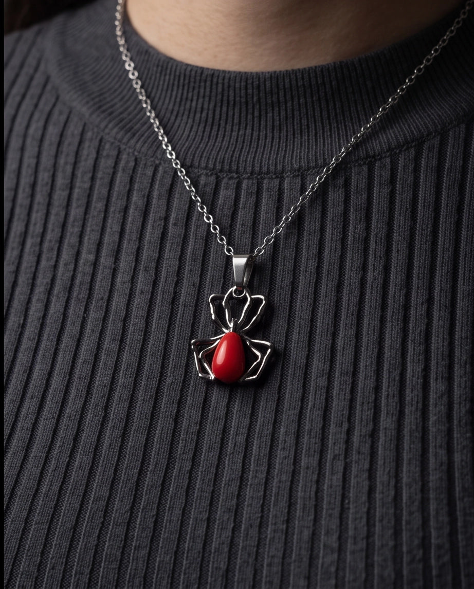 Silver Spider Red Gemstone Pendant Necklace