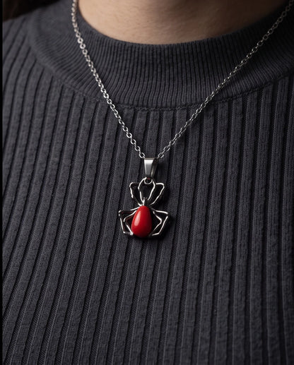 Silver Spider Red Gemstone Pendant Necklace