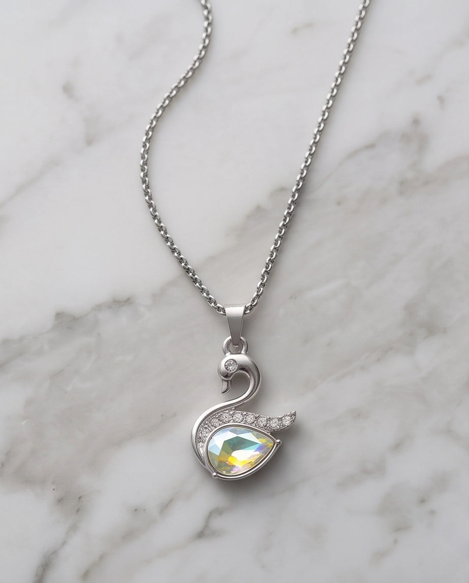 Silver Opaline Crystal Swan Pendant Necklace