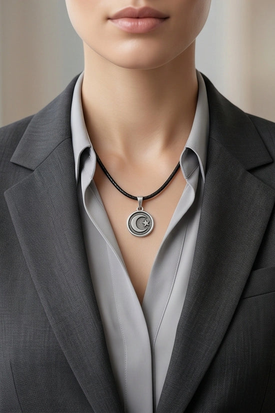 Silver Crescent Moon and Star Necklace