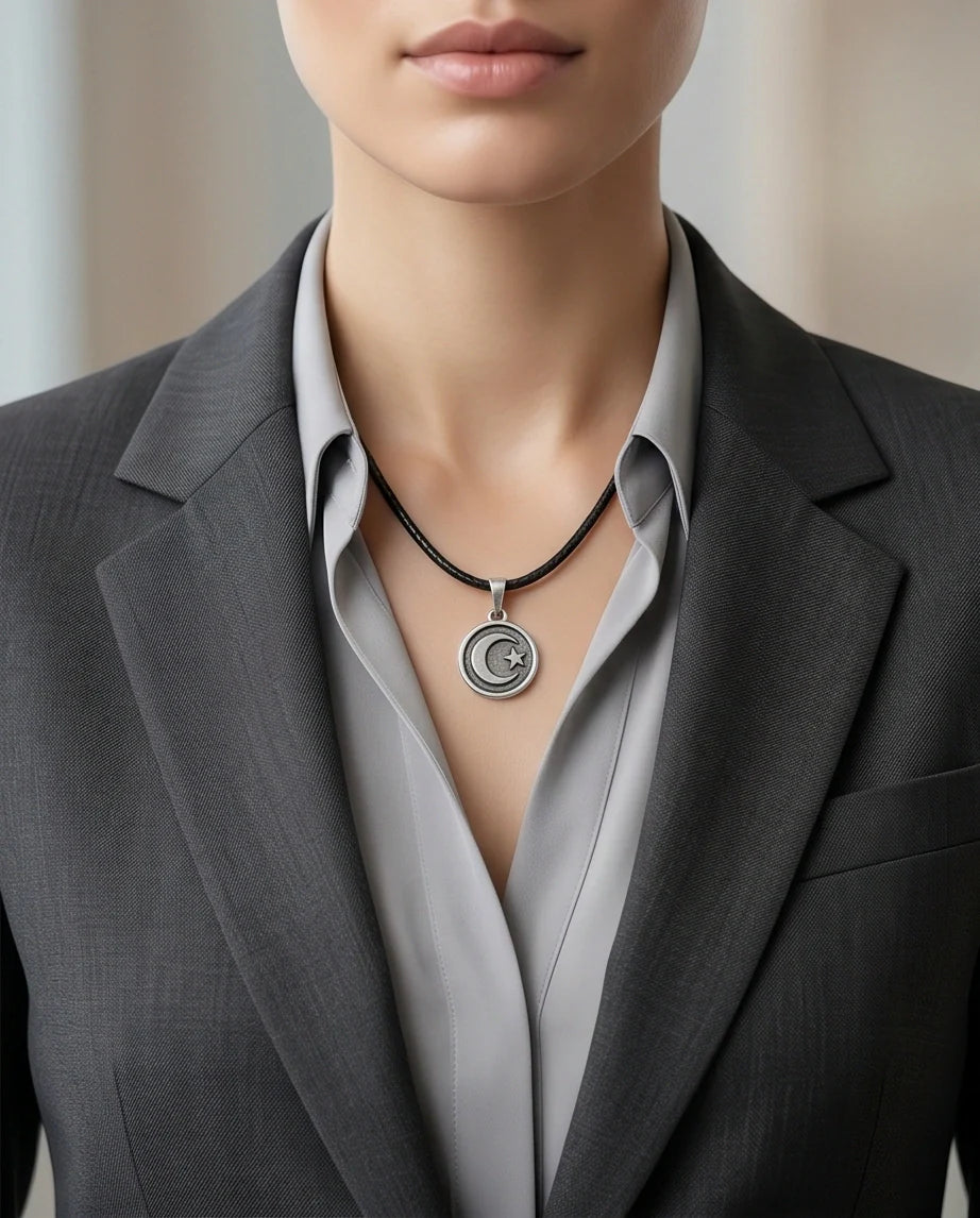 Silver Crescent Moon and Star Necklace